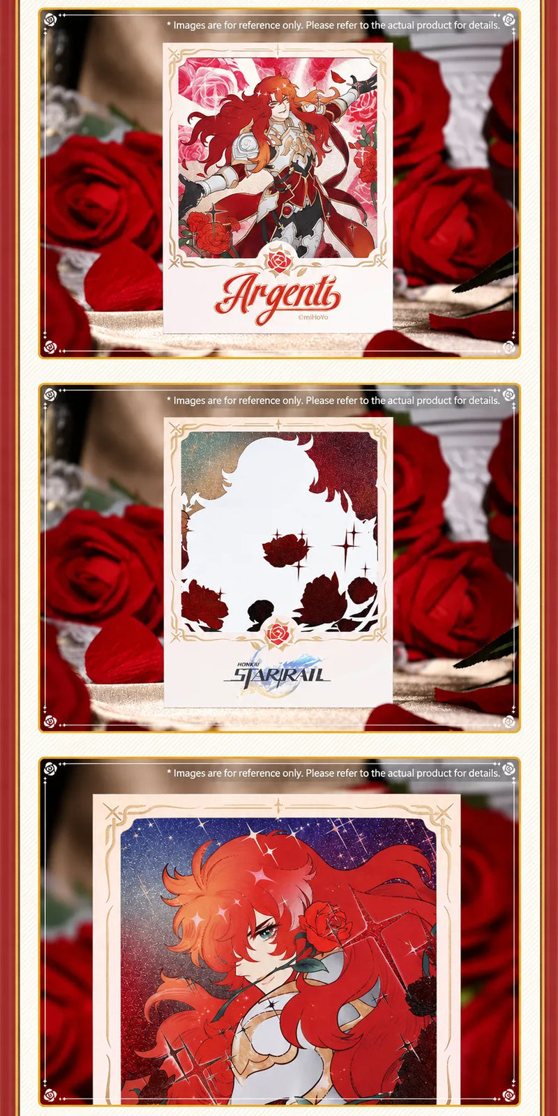 Argenti film-style card close-ups highlighting embossed details and gold foil accents