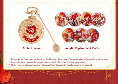 Argenti pocket watch-style metal charm displayed with collectible artwork plates