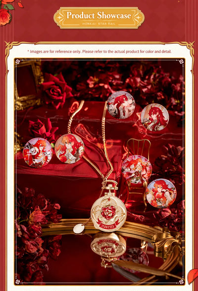 Product showcase featuring pocket watch-style charm and interchangeable artwork plates
