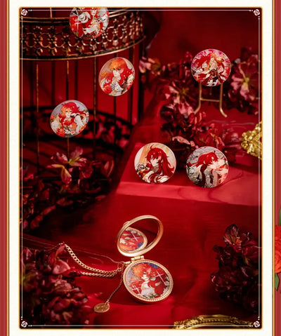 Close-up of the pocket watch-style metal charm with decorative rose emblem