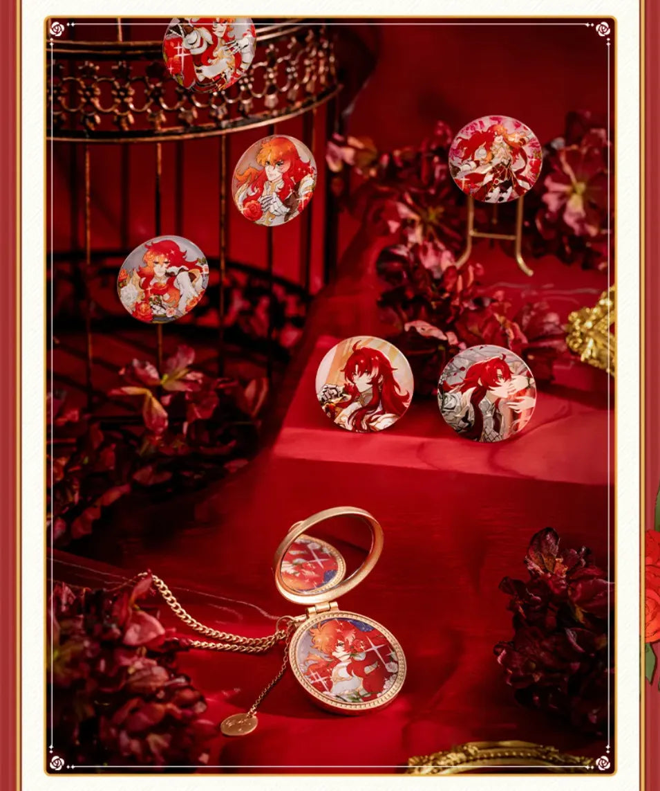 Close-up of the pocket watch-style metal charm with decorative rose emblem