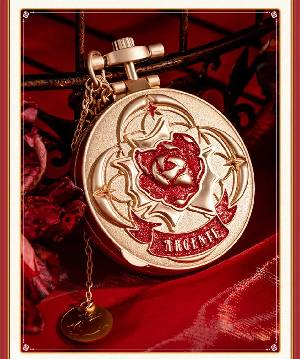 Rear view of the pocket watch-style metal charm with hanging chain
