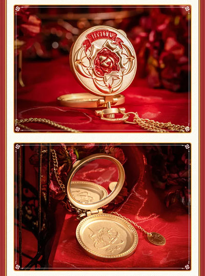 Close-up of the interchangeable artwork plates for the pocket watch-style charm