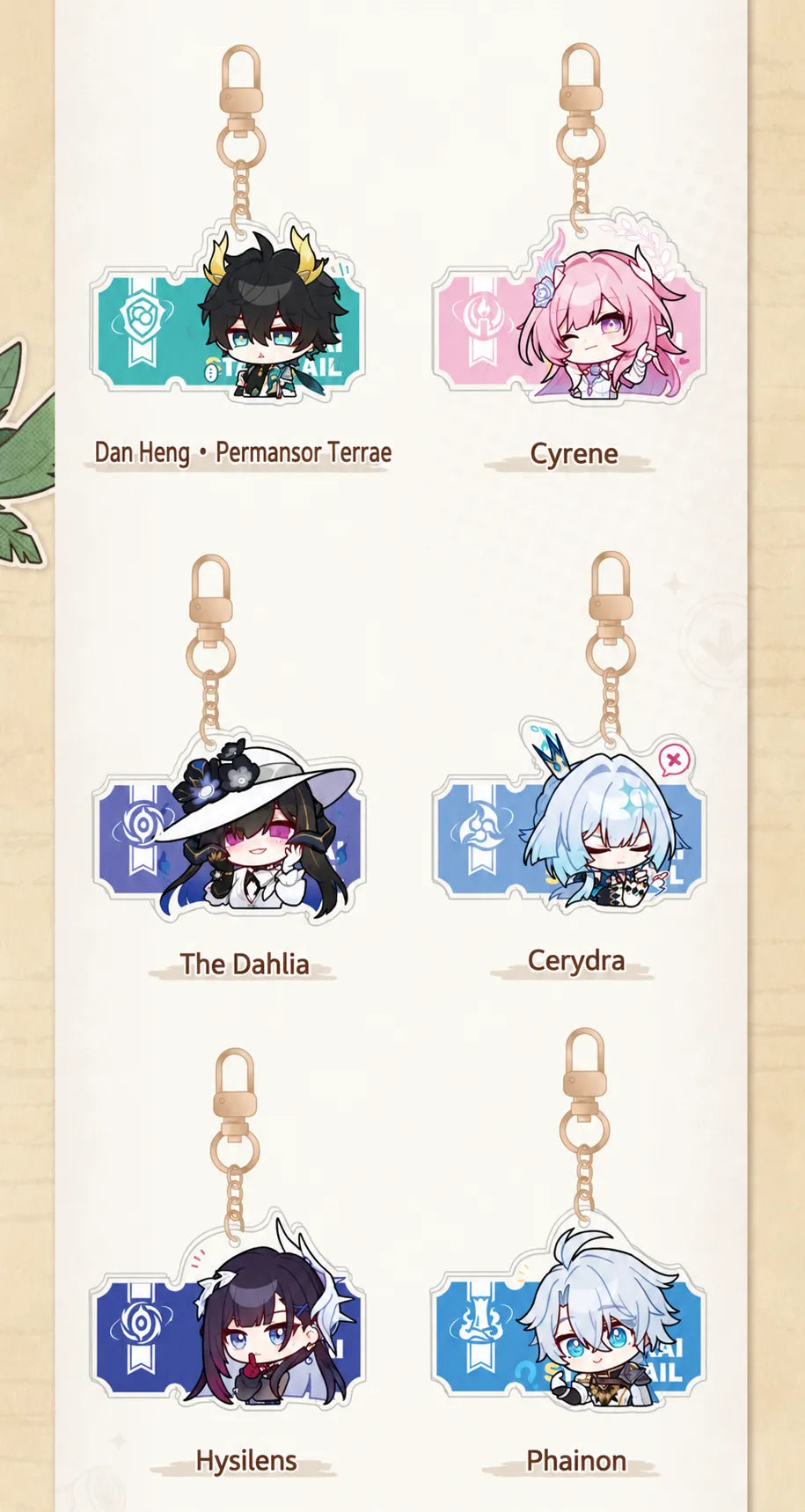 Honkai: Star Rail Pom-Pom Gallery Dan Heng • Permansor Terrae Cyrene The Dahlia Cerydra Hysilens and Phainon acrylic charms