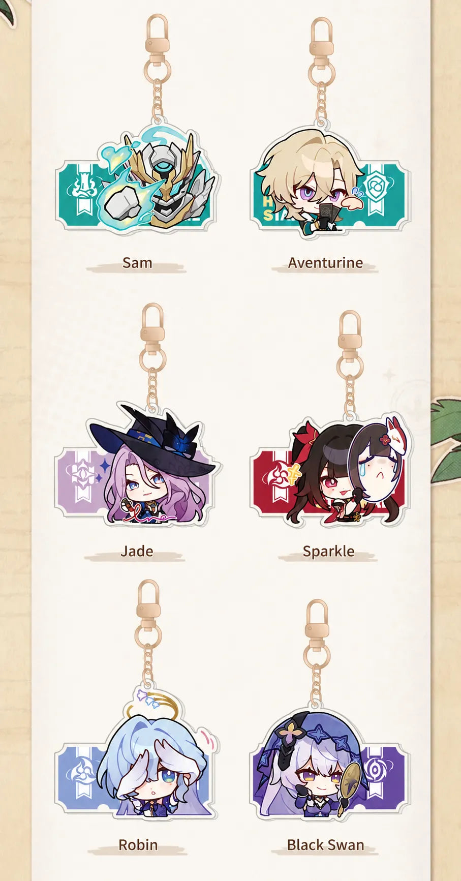 Honkai: Star Rail Pom-Pom Gallery Sam Aventurine Jade Sparkle Robin and Black Swan acrylic charms
