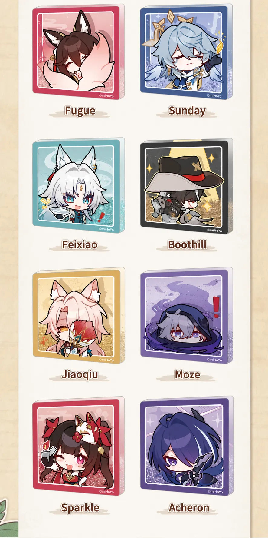 Pom-Pom Gallery Flowing Sand Acrylic Fridge Magnets featuring Fugue, Sunday, Feixiao, Boothill, Jiaoqiu, Moze, Sparkle, and Acheron