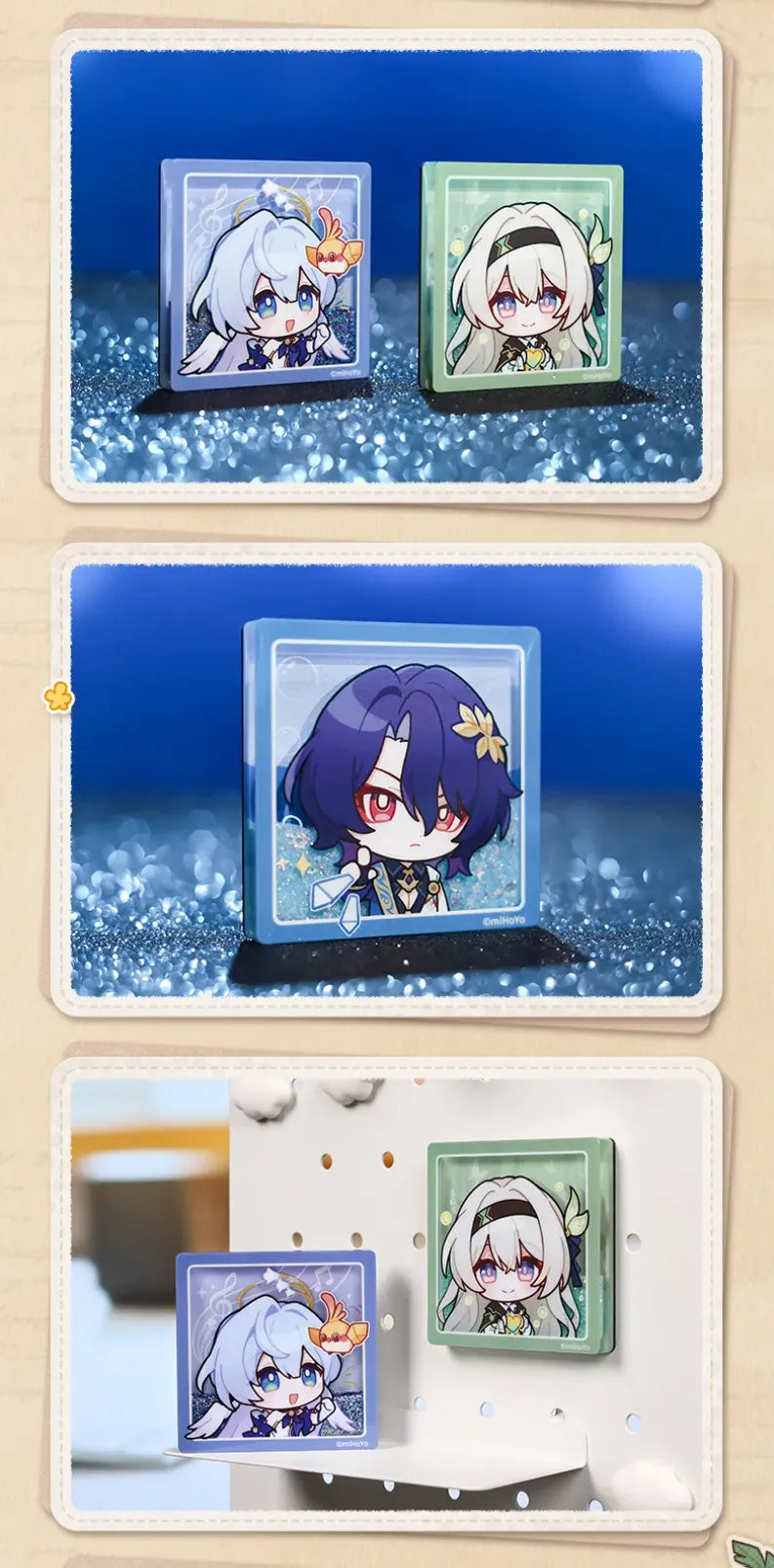 Honkai: Star Rail Pom-Pom Gallery Flowing Sand Acrylic Fridge Magnets displayed together