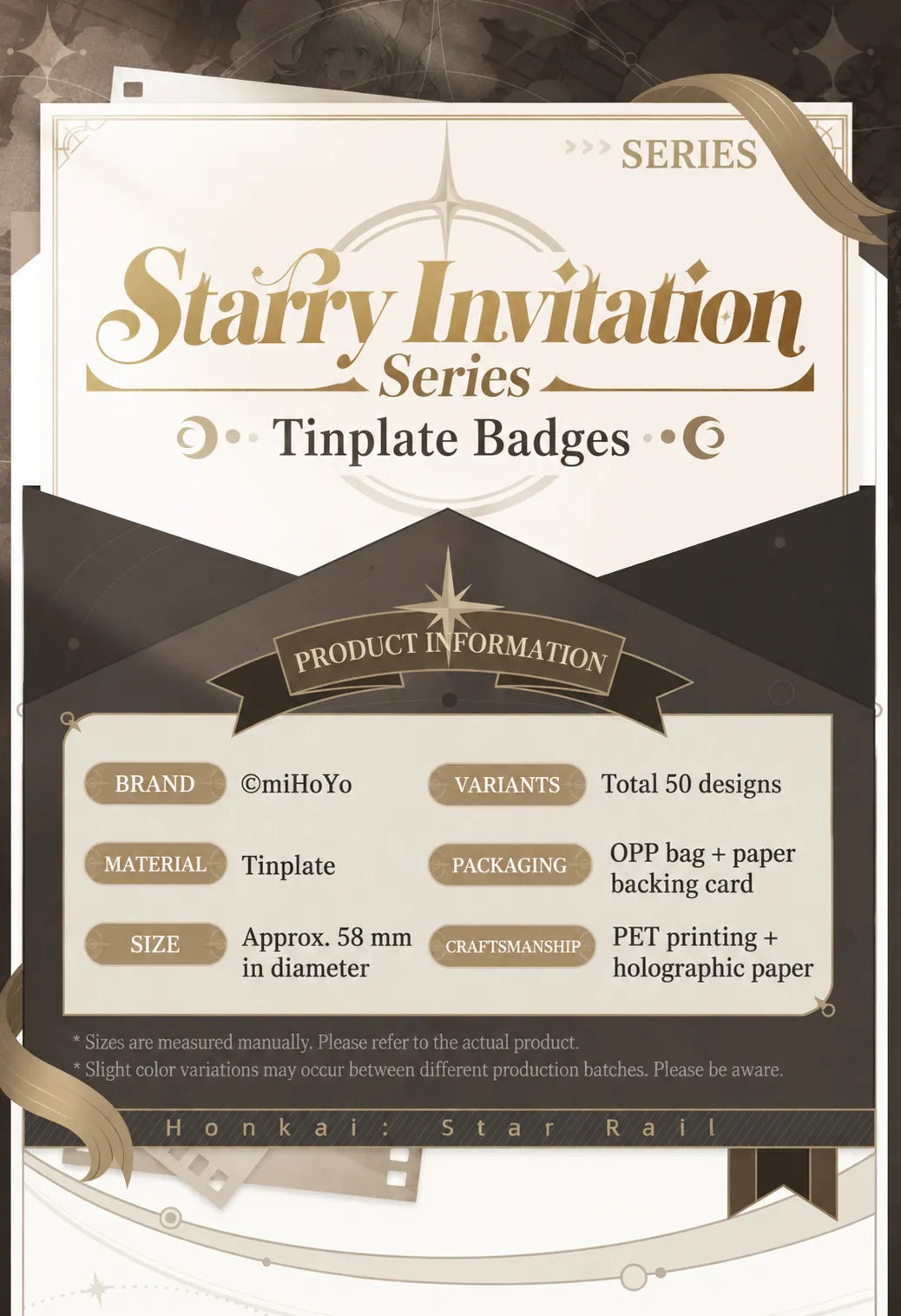 Badge specifications, 58 mm size and reflective printing details