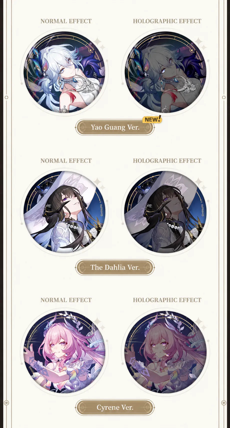 Yao Guang, The Dahlia and Cyrene badges with reflective effect comparisons