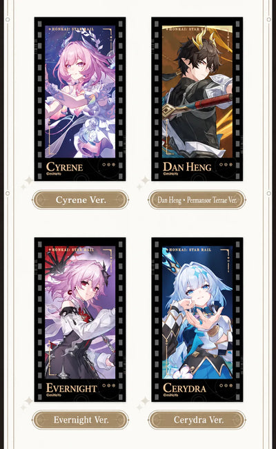 Filmstrip Cards featuring Cyrene, Dan Heng • Permansor Terrae, Evernight and Cerydra
