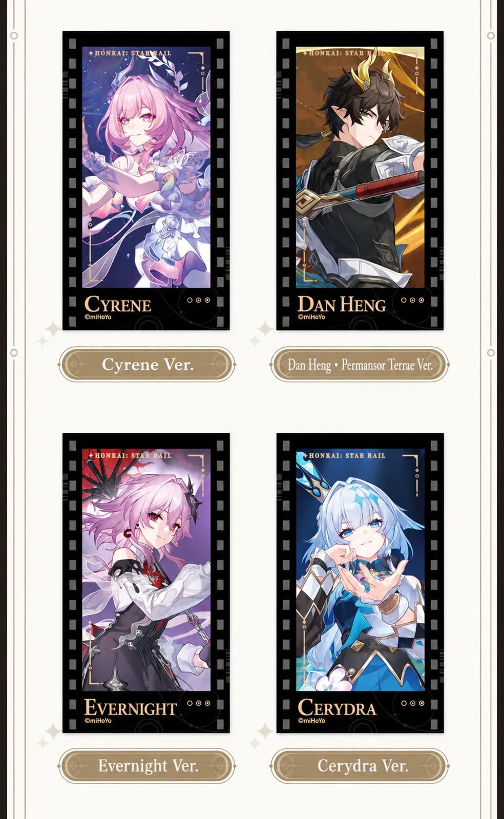 Filmstrip Cards featuring Cyrene, Dan Heng • Permansor Terrae, Evernight and Cerydra