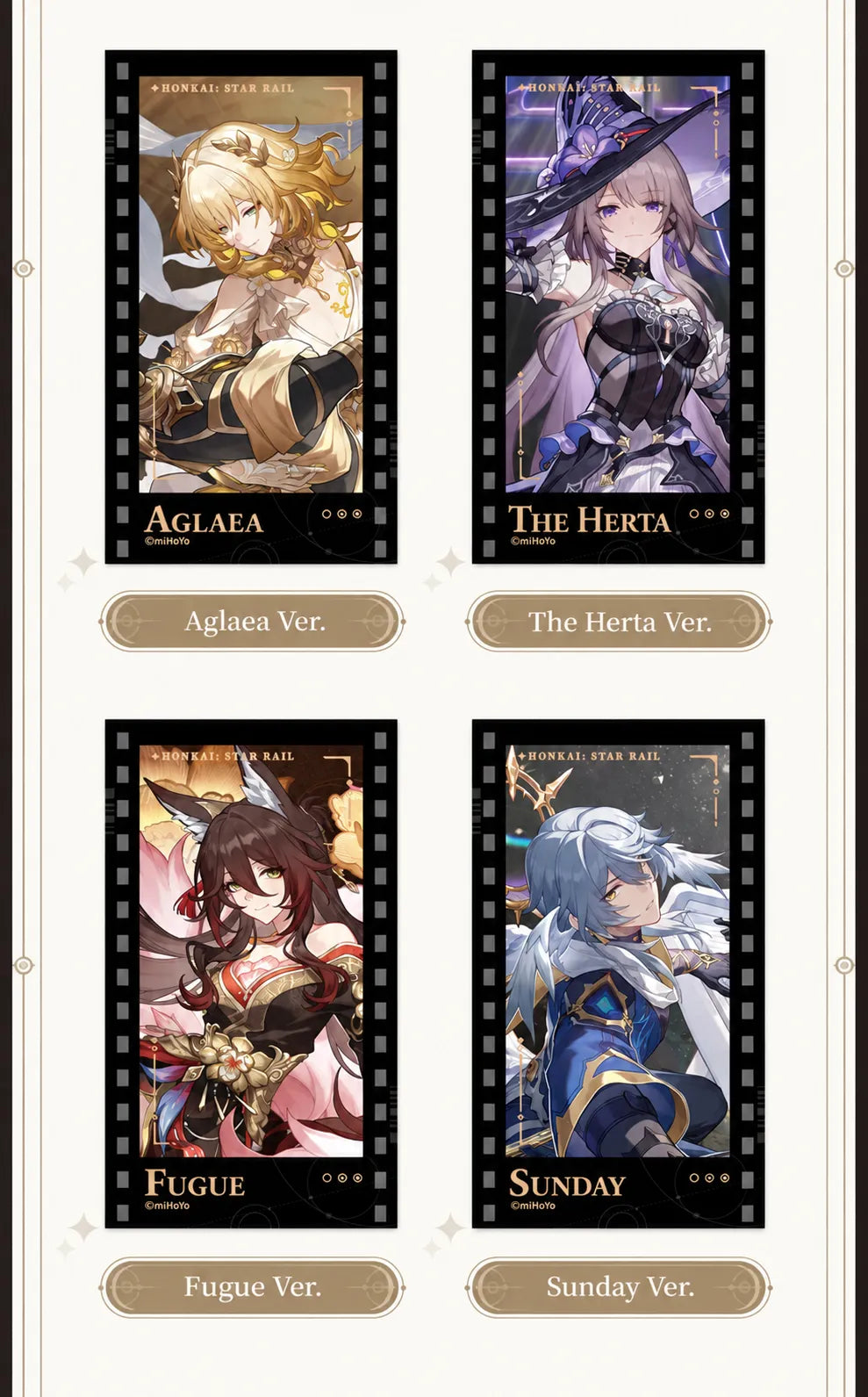 Filmstrip Cards featuring Aglaea, The Herta, Fugue and Sunday