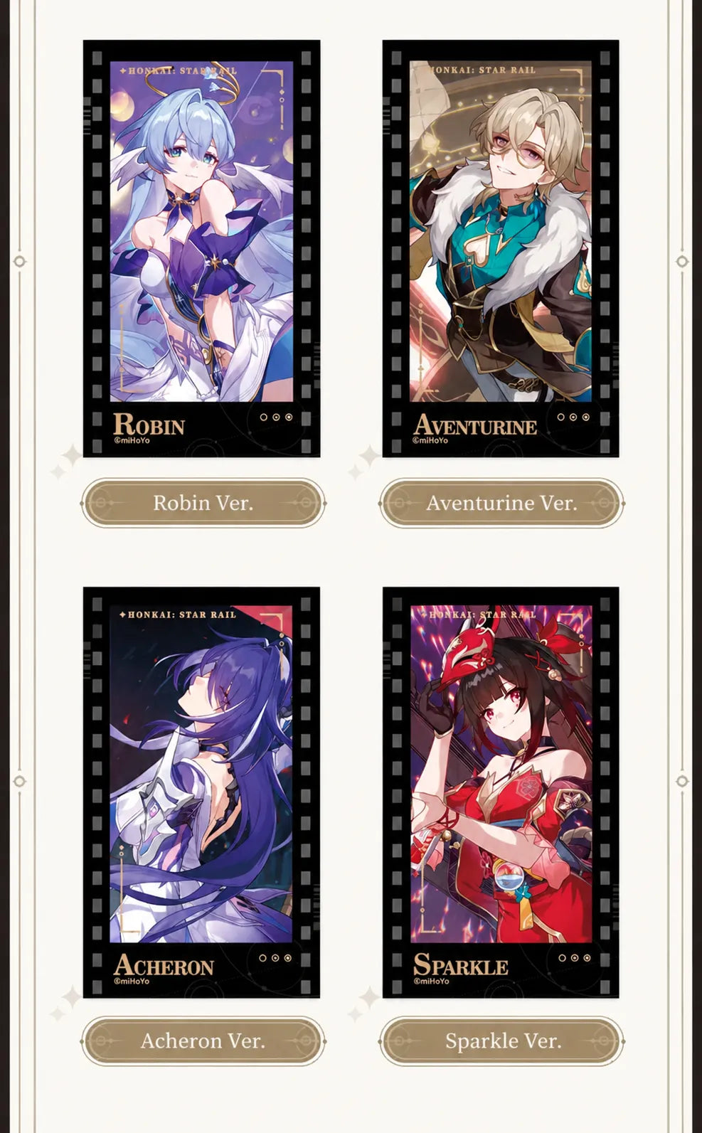 Filmstrip Cards featuring Robin, Aventurine, Acheron and Sparkle