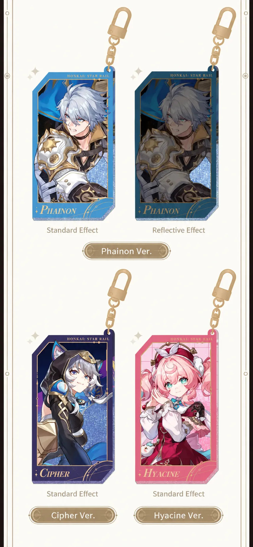 Phainon, Cipher and Hyacine charms with flowing sand effects