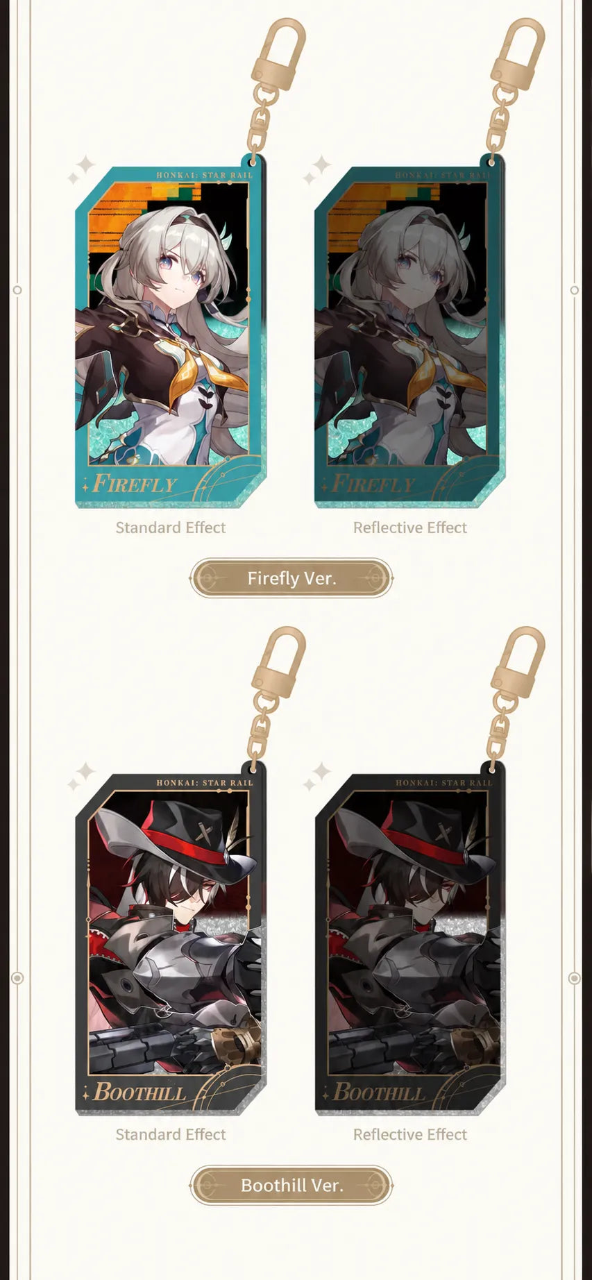 Firefly and Boothill charms comparing standard and reflective finishes