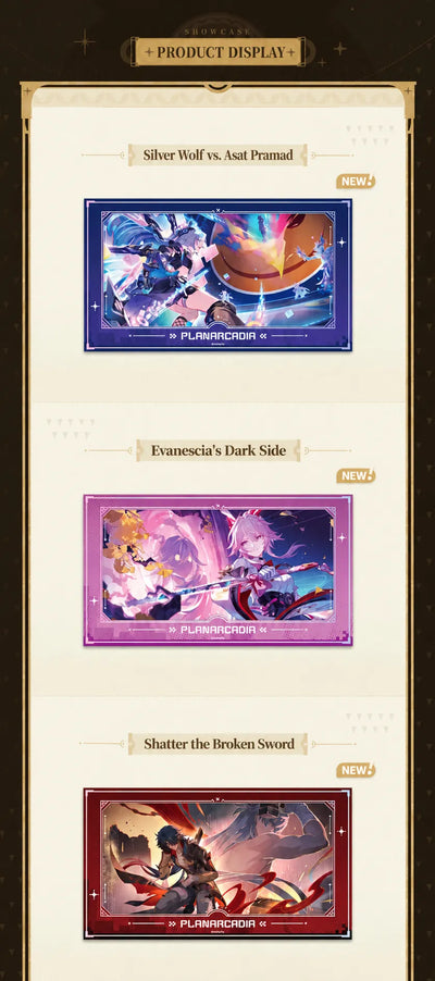 Honkai Star Rail film-style card showcase featuring Silver Wolf vs Asat Pramad and Evanescia