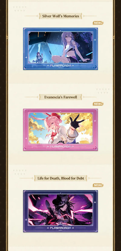 Film-style card designs featuring Silver Wolf's Memories and Evanescia's Farewell