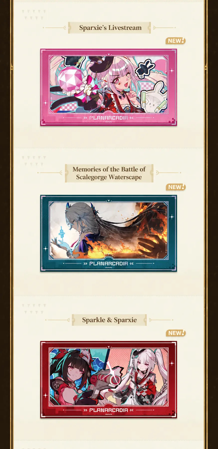 Honkai Star Rail film-style cards featuring Sparxie Sparkle and Scalegorge Waterscape scenes
