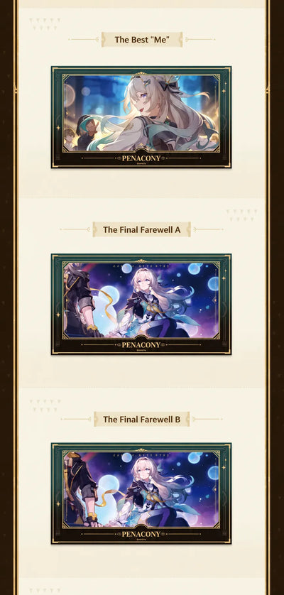 Film-style card showcase featuring Penacony character artwork and farewell scenes