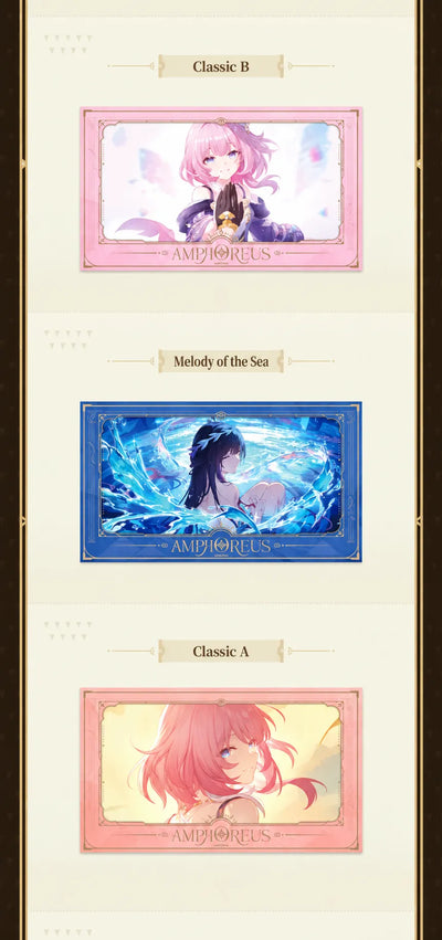 Film-style card showcase featuring Cyrene and Hysilens character designs