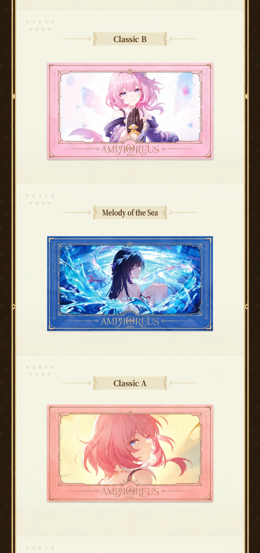 Film-style card showcase featuring Cyrene and Hysilens character designs