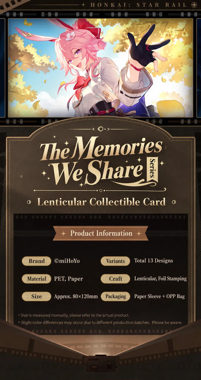 The Memories We Share Series lenticular collectible card specifications showing PET paper materials and size