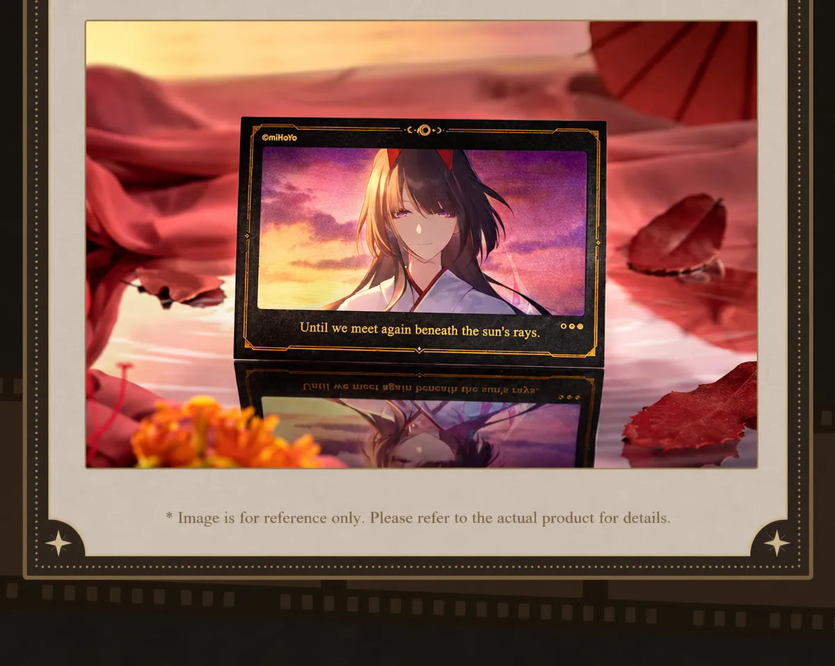 Acheron lenticular collectible card displayed against red fabric with a sunset character portrait