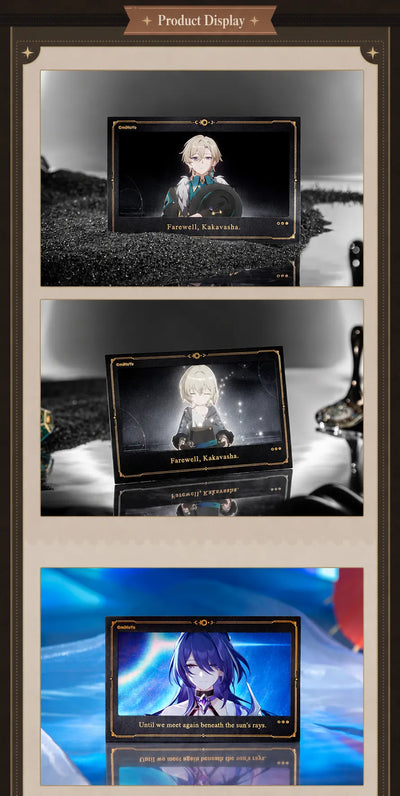 Aventurine and Acheron lenticular collectible cards displayed with reflective surfaces