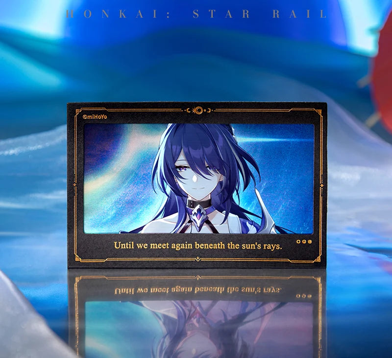 Honkai Star Rail The Memories We Share lenticular collectible cards displayed with Aventurine and Acheron artwork