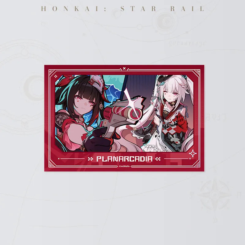 Honkai Star Rail Sparkle and Sparxie lenticular card featuring both characters in red framed artwork