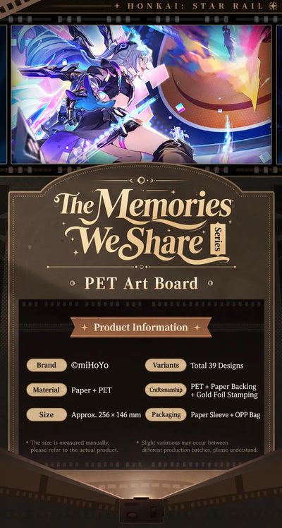 The Memories We Share Series PET art board specifications showing materials size and packaging