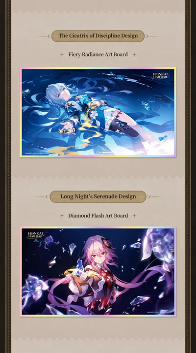 PET art board showcase featuring Ceridra and Evernight character artwork