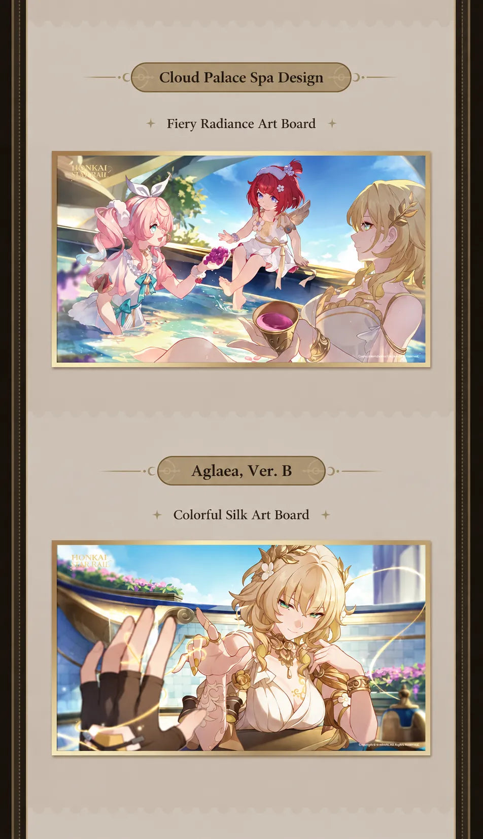 Honkai Star Rail PET art boards featuring Cloud Palace Spa and Aglaea B