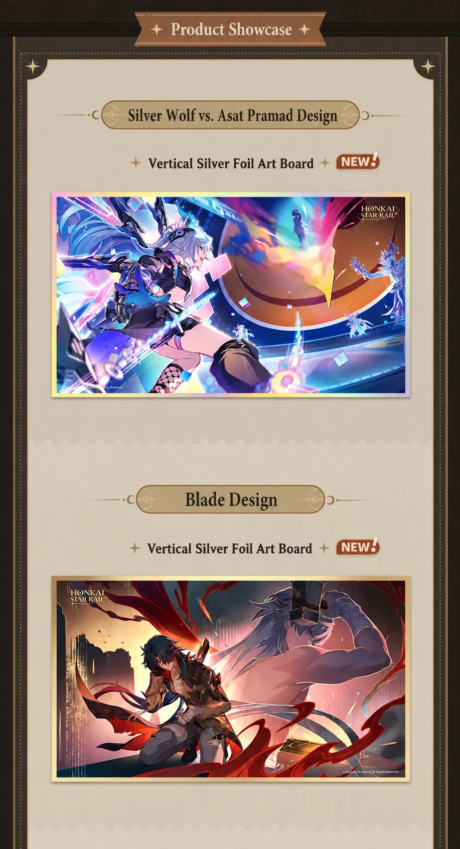 PET art board showcase featuring Silver Wolf vs Asat Pramad and Blade designs