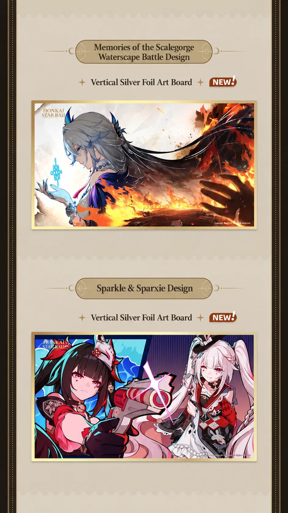 Honkai Star Rail PET art boards featuring Scalegorge Waterscape and Sparkle with Sparxie