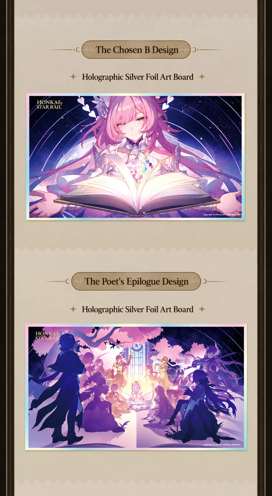 Honkai Star Rail PET art boards featuring Cyrene and Epilogue of the Epic
