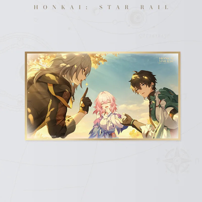 Honkai Star Rail Express Crew Reunion A PET art board featuring three characters beneath golden autumn leaves