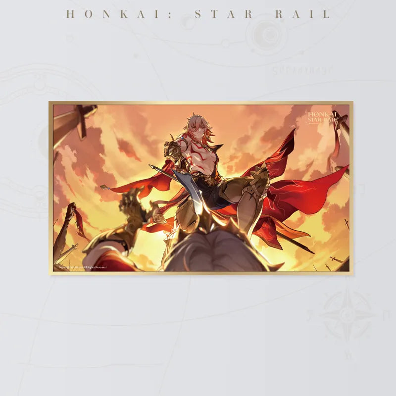 Honkai Star Rail Mydei PET art board featuring Mydei in armor against a fiery sunset