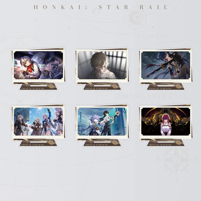 Honkai: Star Rail character acrylic standees with decorative frames and colorful artwork