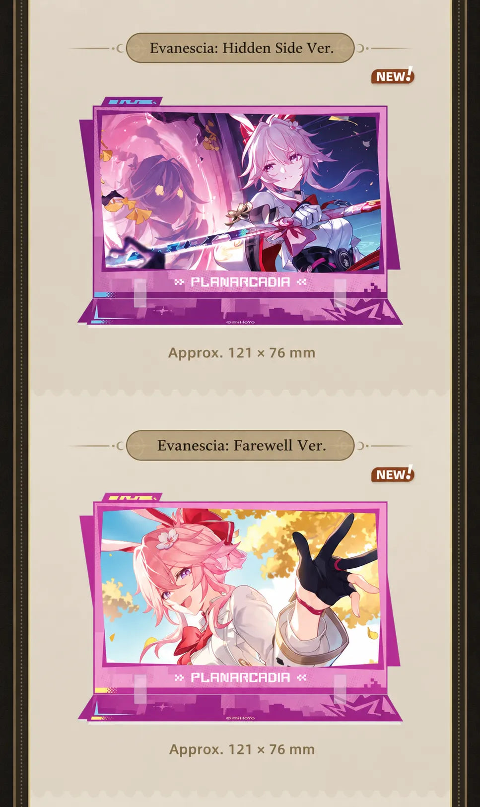 Evanescia Hidden Side and Farewell acrylic standees featuring colorful character artwork