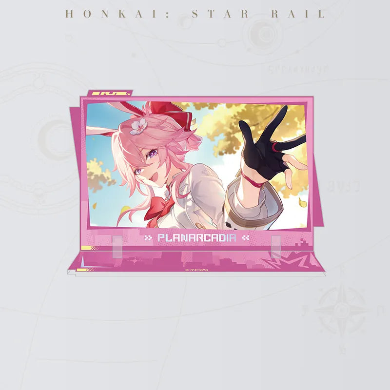 Honkai: Star Rail Evanescia Farewell acrylic standee featuring pink-haired character artwork under golden autumn leaves