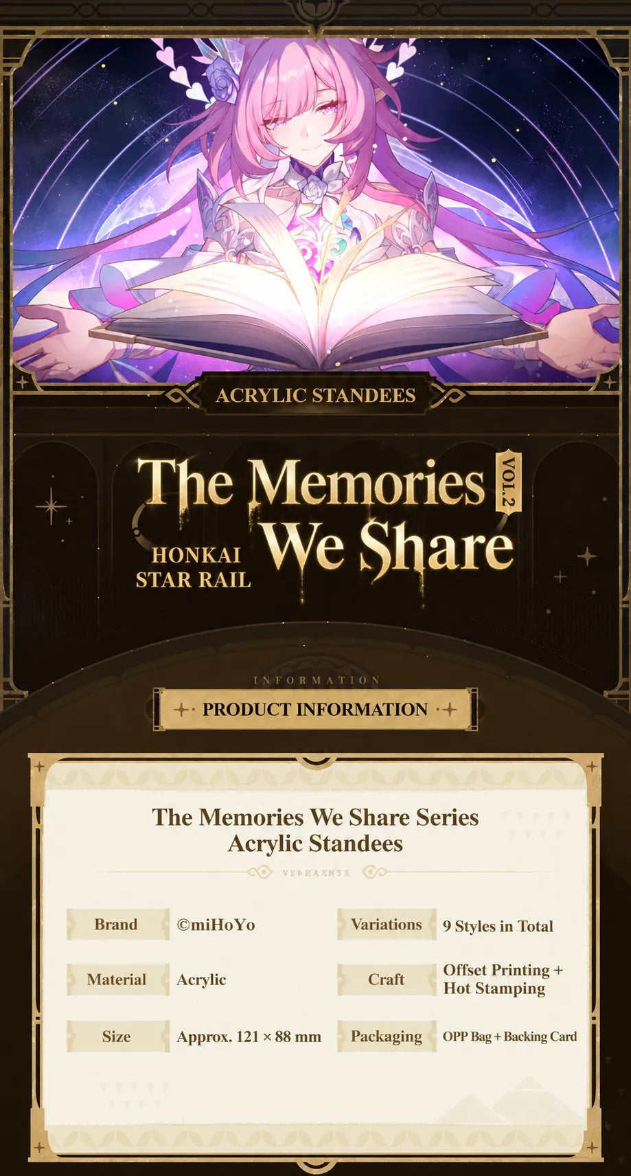 The Memories We Share Series Vol. 2 acrylic standee specifications with 121 × 88 mm size and hot stamping