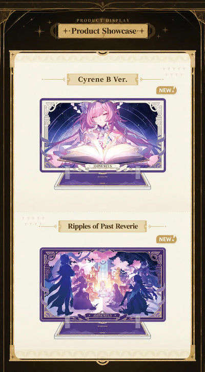 Cyrene B Ver. and Ripples of Past Reverie acrylic standees with purple Amphoreus display bases