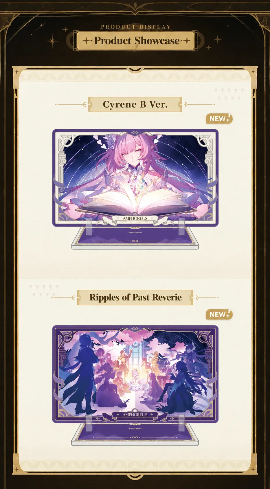 Cyrene B Ver. and Ripples of Past Reverie acrylic standees with purple Amphoreus display bases