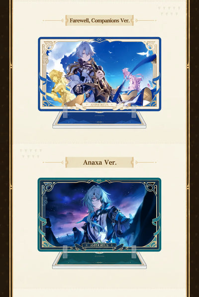 Farewell, Companions and Anaxa acrylic standees featuring character artwork and display bases