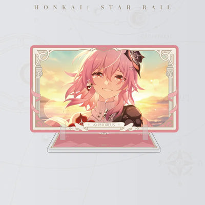 Honkai: Star Rail Evernight acrylic standee featuring pink-haired character artwork against a sunset sky