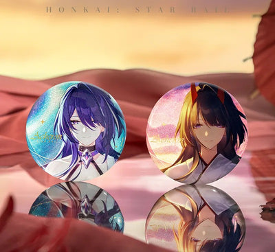 Aventurine and Kakavasha collectible badge set featuring character artwork and glitter accents