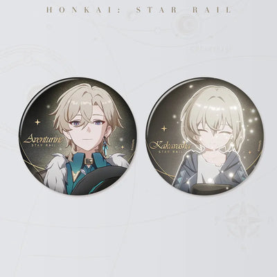 Honkai: Star Rail The Memories We Share Series Aventurine and Kakavasha badge set featuring two 58 mm tinplate badges with glitter and reflective finishes