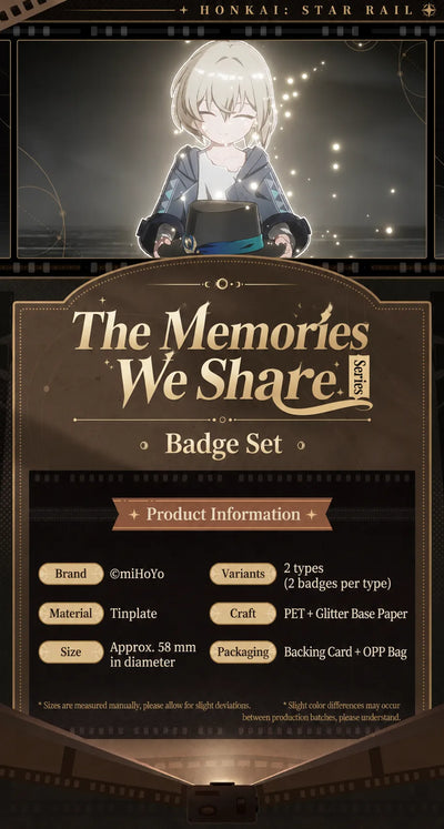 The Memories We Share Series badge set specifications featuring tinplate material and 58 mm diameter