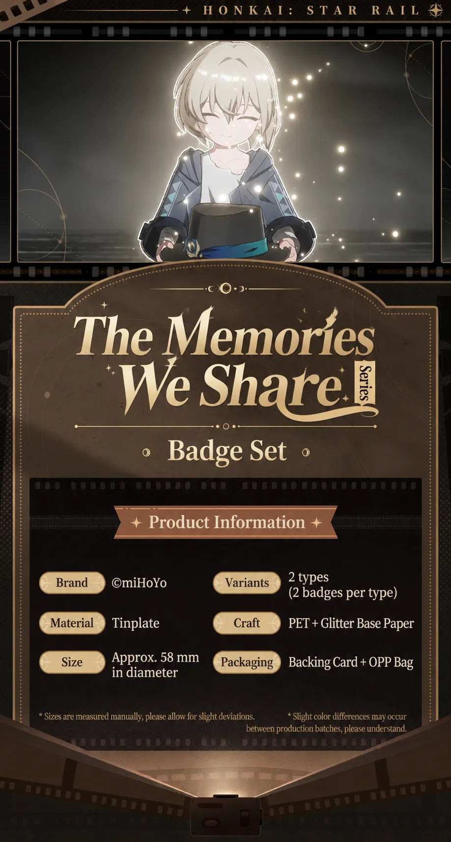 The Memories We Share Series badge set specifications featuring tinplate material and 58 mm diameter